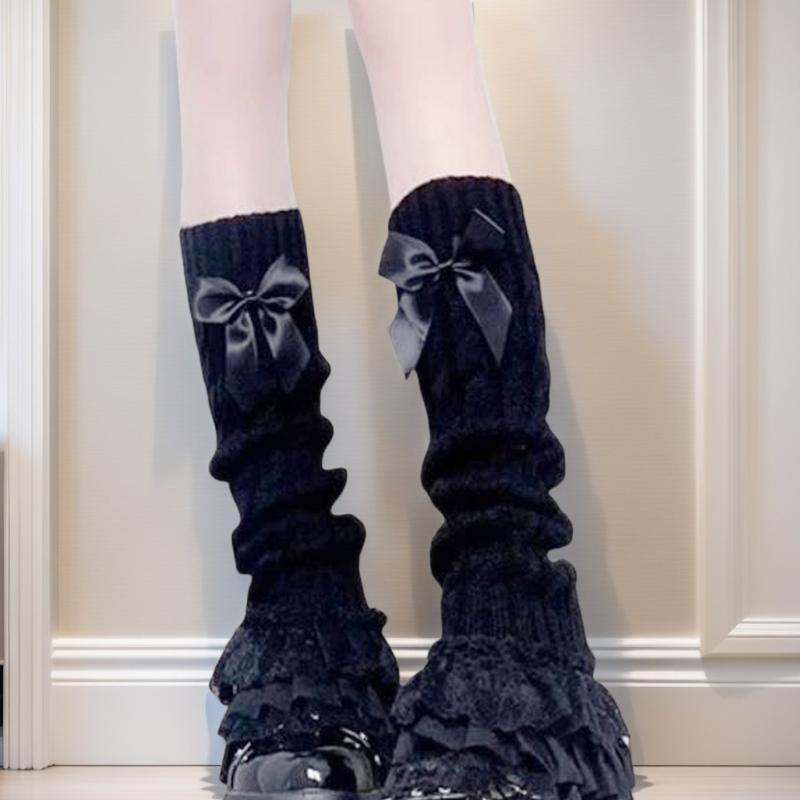 Lolita Leg Warmers For Women Ruffled Lace Kawaii Calf Leg Covers Jk Uniform Bowknot Knit Boot Cuffs Sweet Girls Gothic