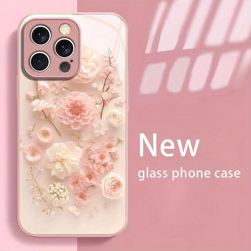 Cute Flower Pattern Pink Metallic Paint Glass Hard Phone Case For iPhone 11 12 13 14 15 16 17 Pro Max 15 14 Plus 16E 17Air Cover