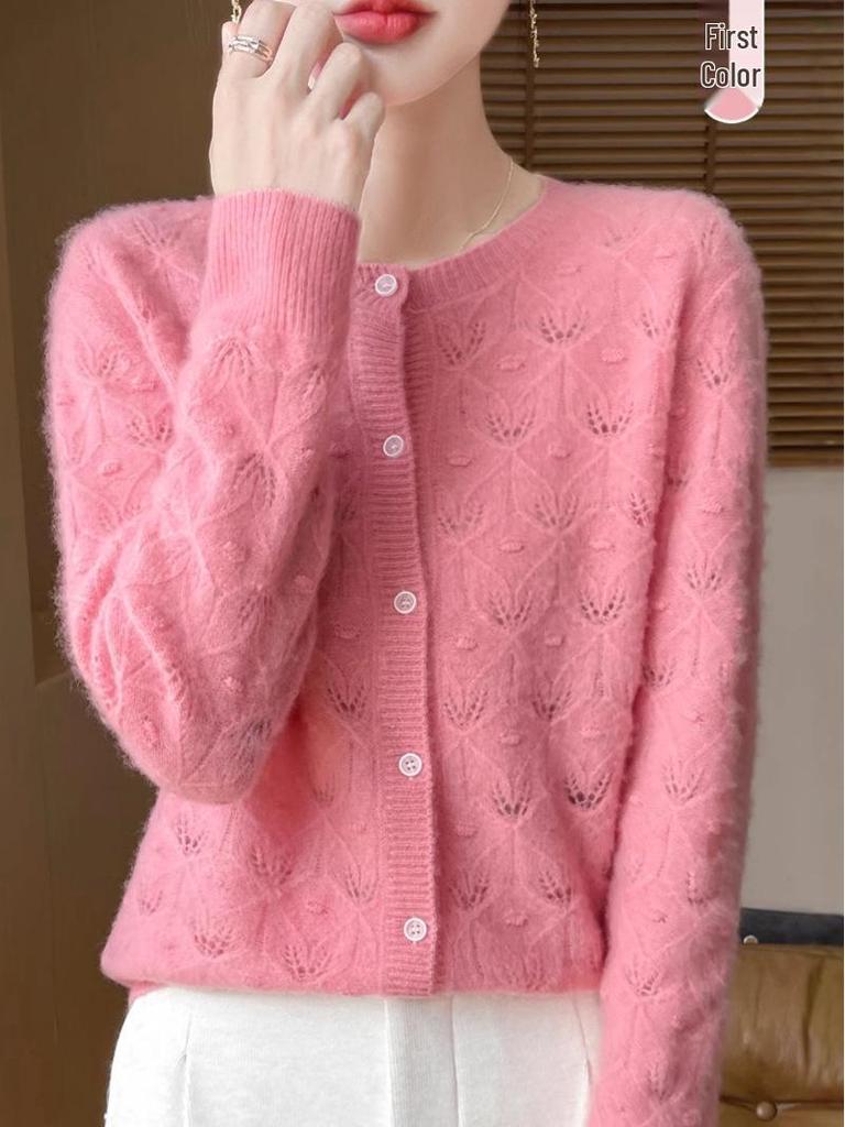 Autumn Women's High-Quality Knitted Wool Cardigan - Round Neck, Hollow-Out Jacquard Design, Loose Fit.