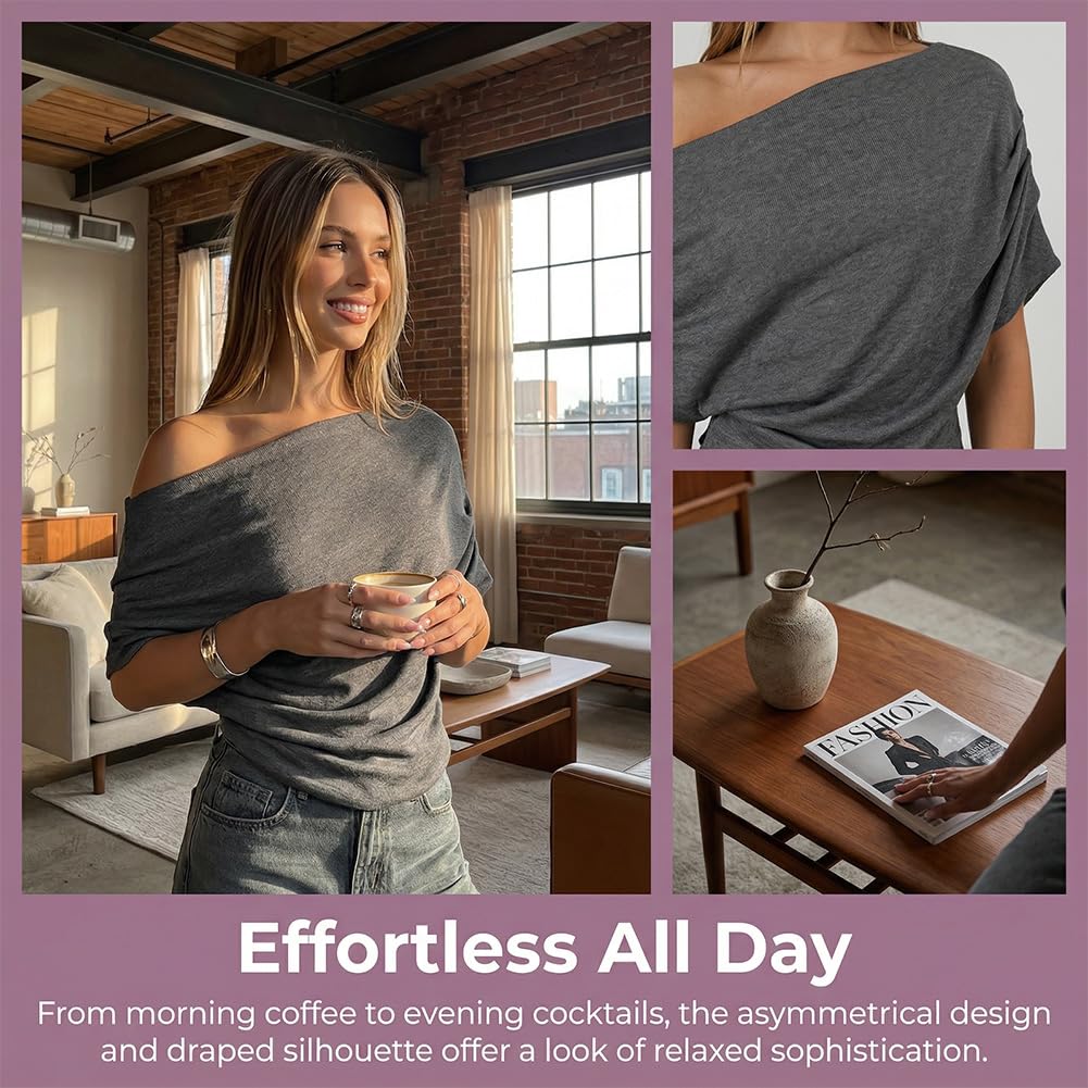 Women's Fashion Off Shoulder Sleeve Top - Casual One Shoulder Blouse Summer