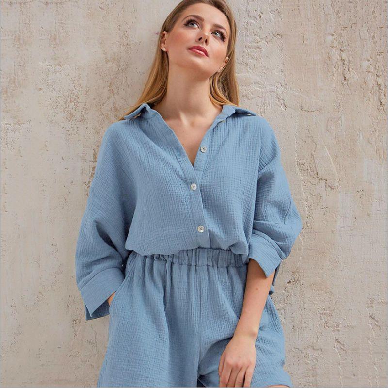 

New Arrival Shirt Shorts Two-piece Set Elegant Classic Style Fashion Plaid Suit Shirt and Shorts Set Light blue L
