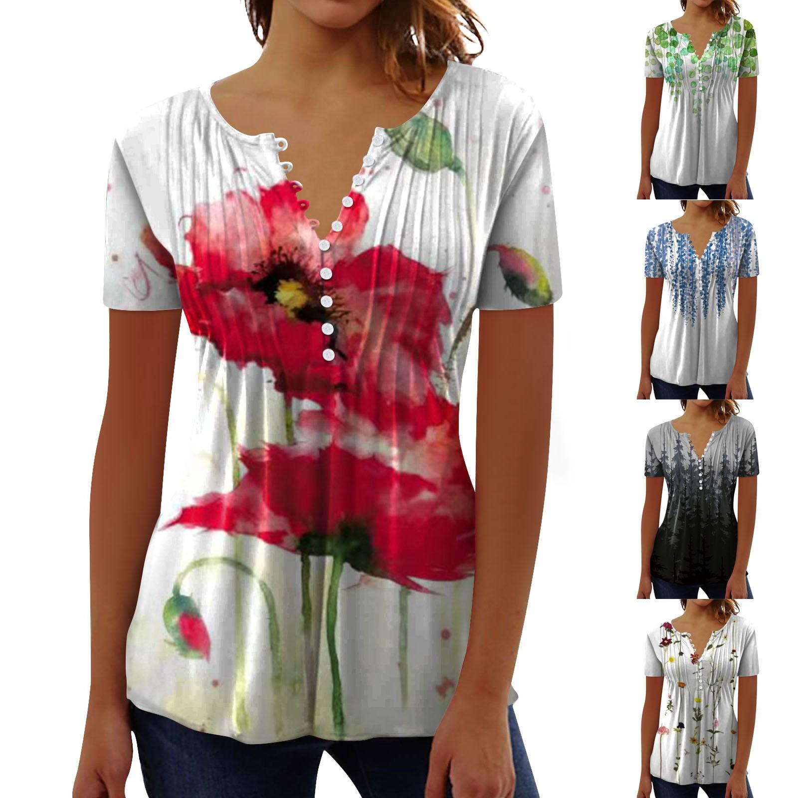 

Женская рубашка, блузка, пуговицы, ретро-принт, короткий рукав, повседневный базовый топ с круглым вырезом, обычный топ