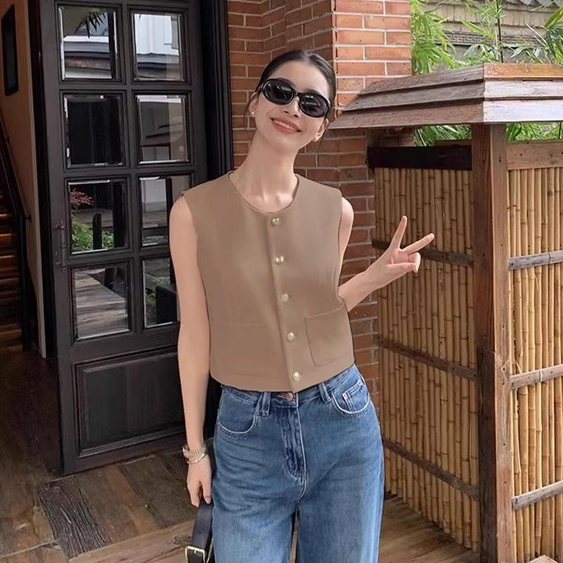 Dames fransk rund hals enkeltspent dobbel lomme ermeløs avslappet strikket vest
