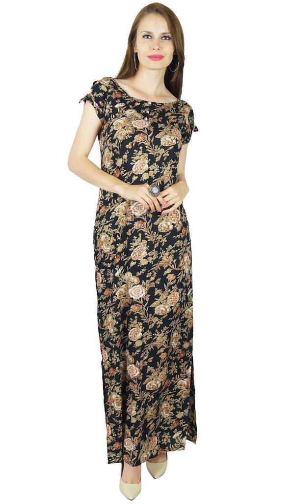 Bimba Long Maxi Gown Floral Rayon Dress- Both Side Slits Classic Summer Wear