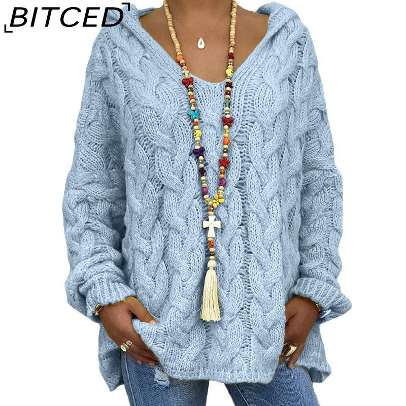 BITCED Fall/Winter Solid Color Cable-Knit Hoodie Sweatshirt for Women