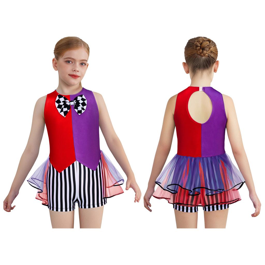 Girls Mad Costume: Sleeveless Stripes Checkerboard Bow Knot Tutu Bodysuit for Fairytale Tea Party Dress Up