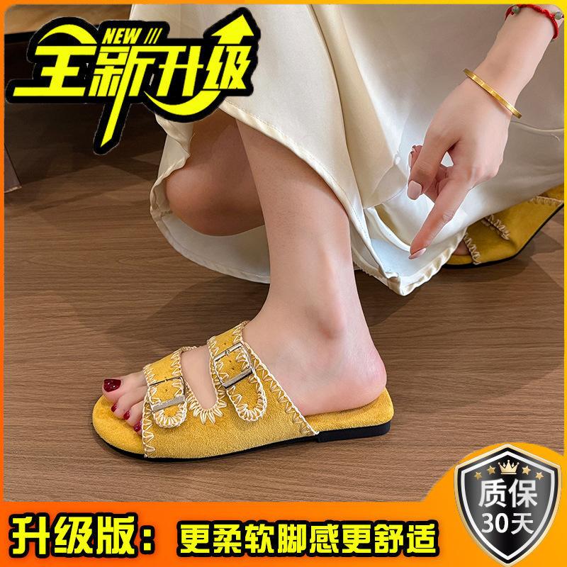 Casual and simple Korean version double-breasted one-word with flat-bottomed cool slippers, new summer retro embroidered girls half slippers