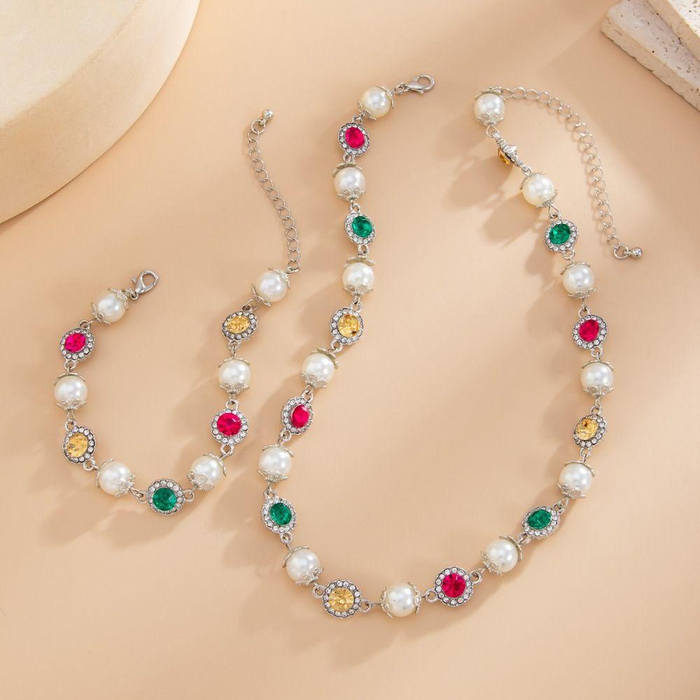 Silver Rhinestone Collar Chain Golden Clavicle Chain Unique Imitation Pearl Beads Necklace  Women