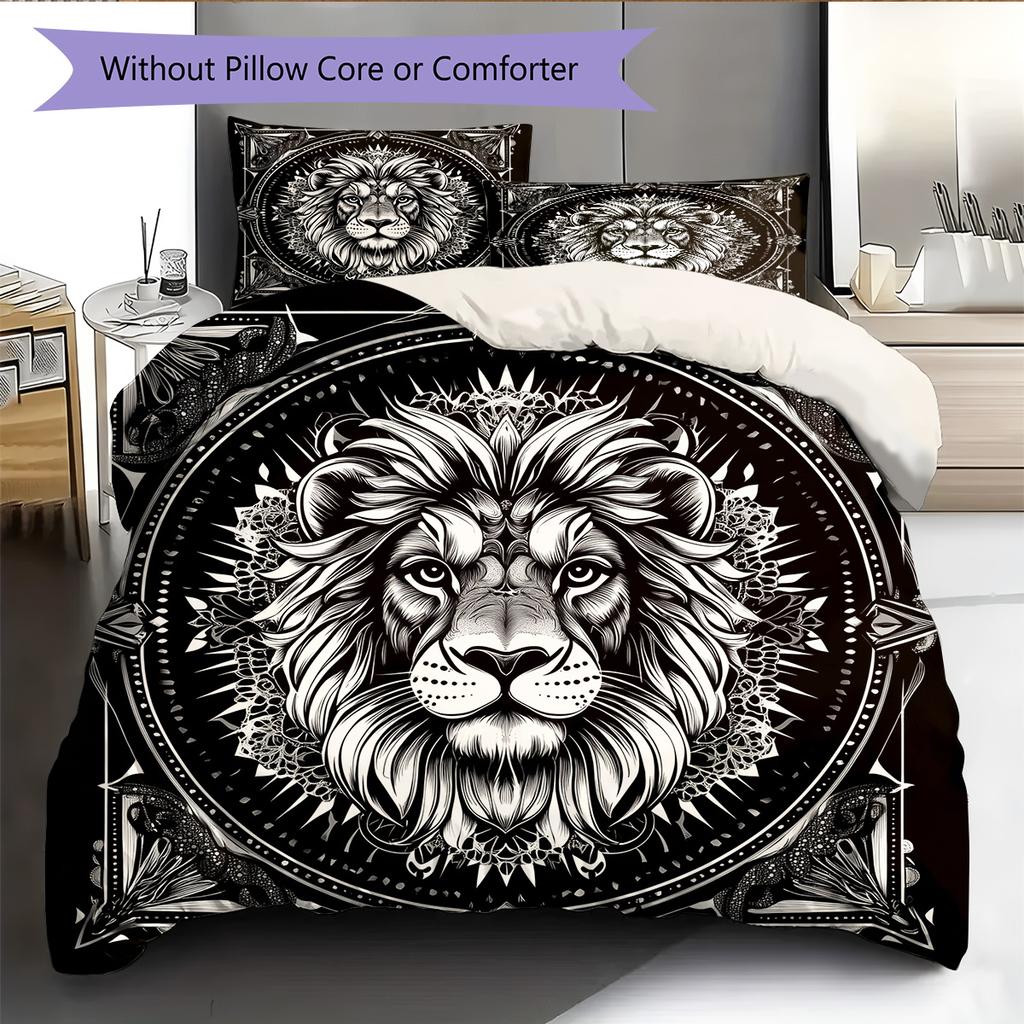 Black and White Lion Pattern Bedding Quilt Set  Home Decoration  Gift (1 * duvet cover + 2 * pillowcase  without core)