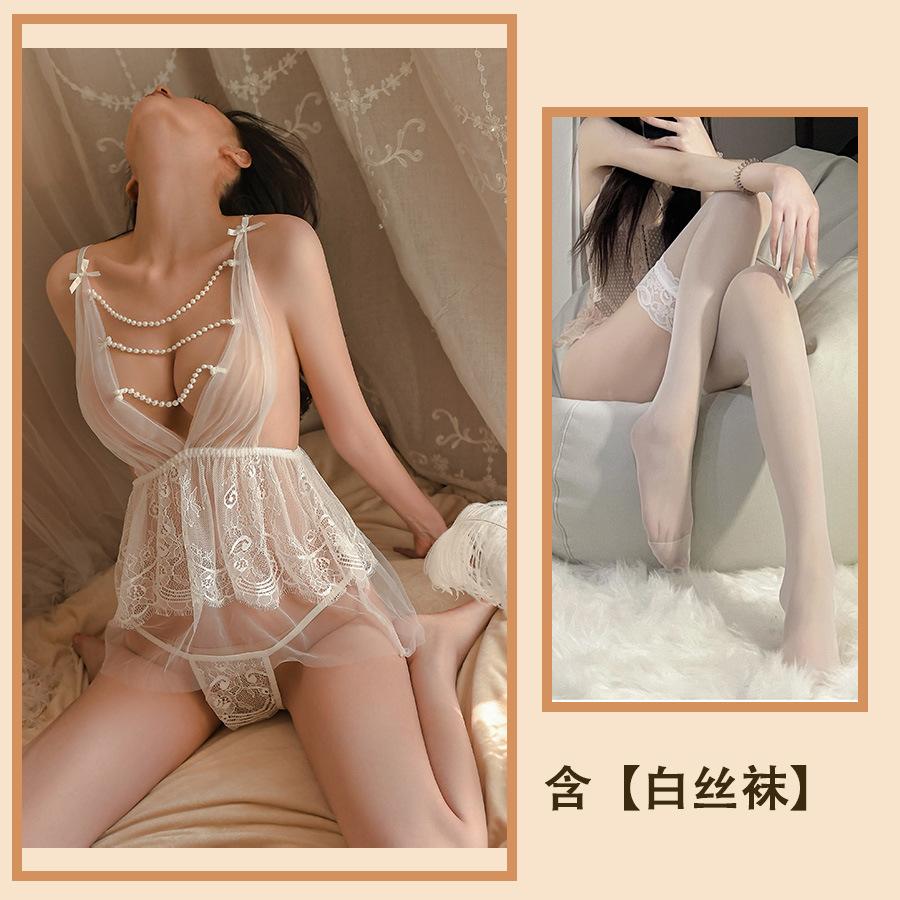 Sex Underwear Sexy Perspective Pure Desire Small Chest Open Gear Free Pearl Deep V Hot Temptation Hollow Nightdress