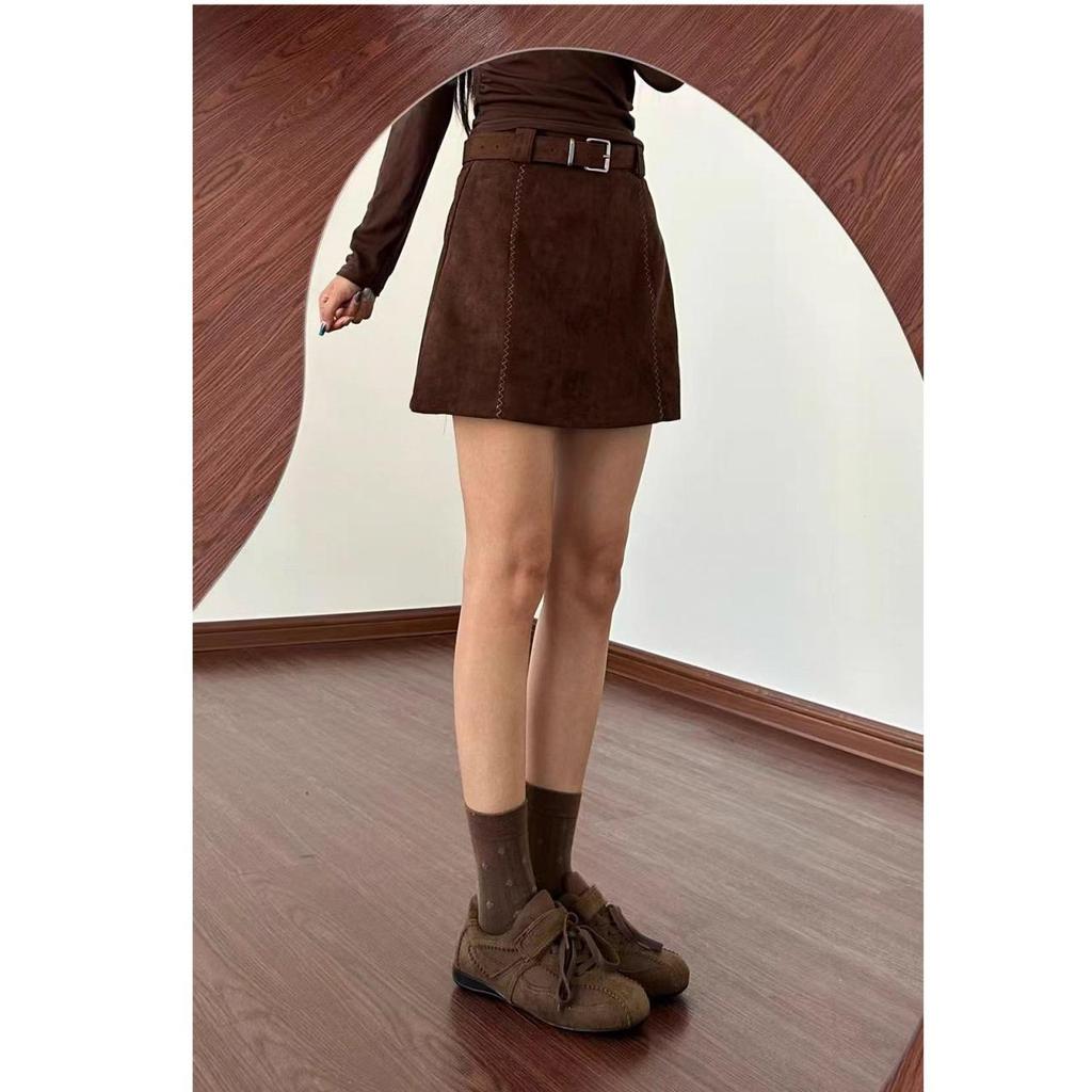 Plus Size Coffee Suede High-Waisted A-Line Skirt for Women - Chubby to Fat Girls Midi Skirt for Autumn/Winter
