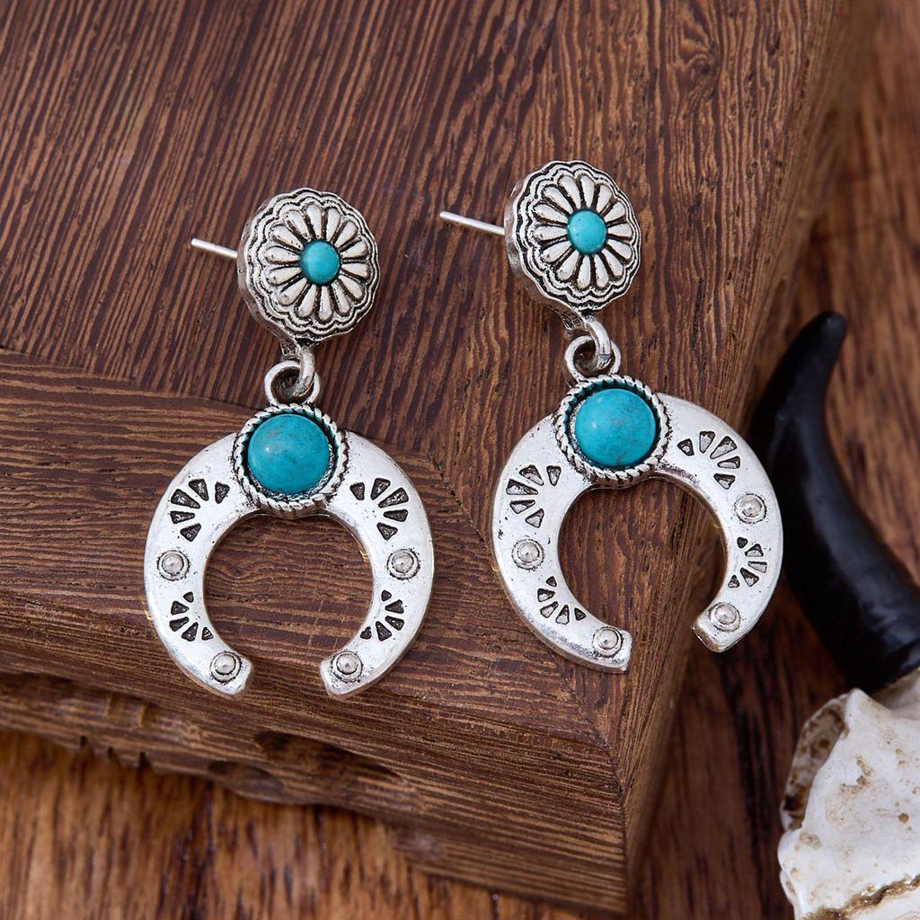 Retro Bohemian Western-Style Horseshoe Turquoise Dangle Earrings