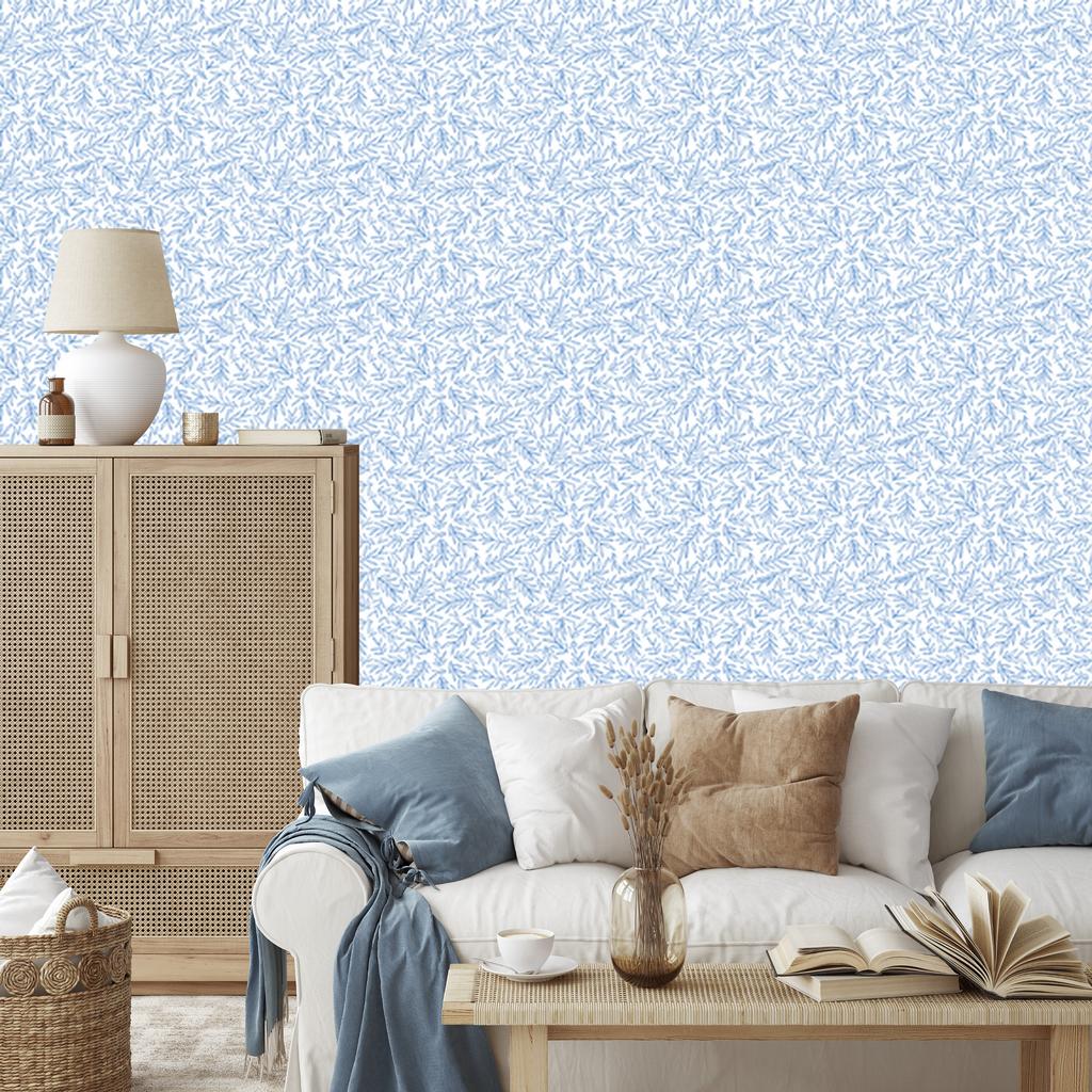 Leaves Wallpaper White and Azure for Living Room and Bedroom 50x1000