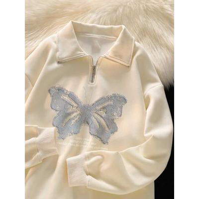 Collage Schmetterling Damen Hoodie Halboffener Umlegekragen Reißverschluss Pullover Sweatshirt Koreanischer Stil Trendy Frau Lässig Frühling Herbst Warmes Oberteil
