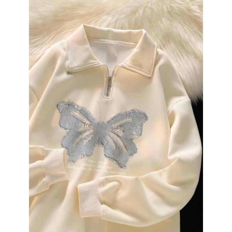 

Collage Butterfly Women s Hoodie Half open turndown collar zipper pullover sweatshirt Korean style trendy Woman casual spring autumn warm top XL бежевий