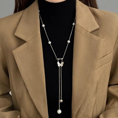 Long Butterfly Pearl Sweater Necklace – Elegant Autumn/Winter 2025 Accessory for Women and Girls