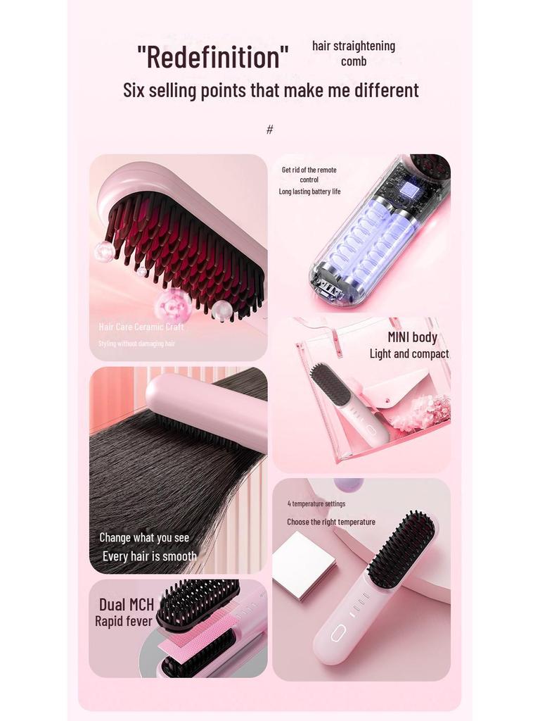 Přenosný bezdrátový iontový hřeben na narovnávání a kulmování vlasů – dvojí účel, odolný proti opaření, šetrný k vlasům