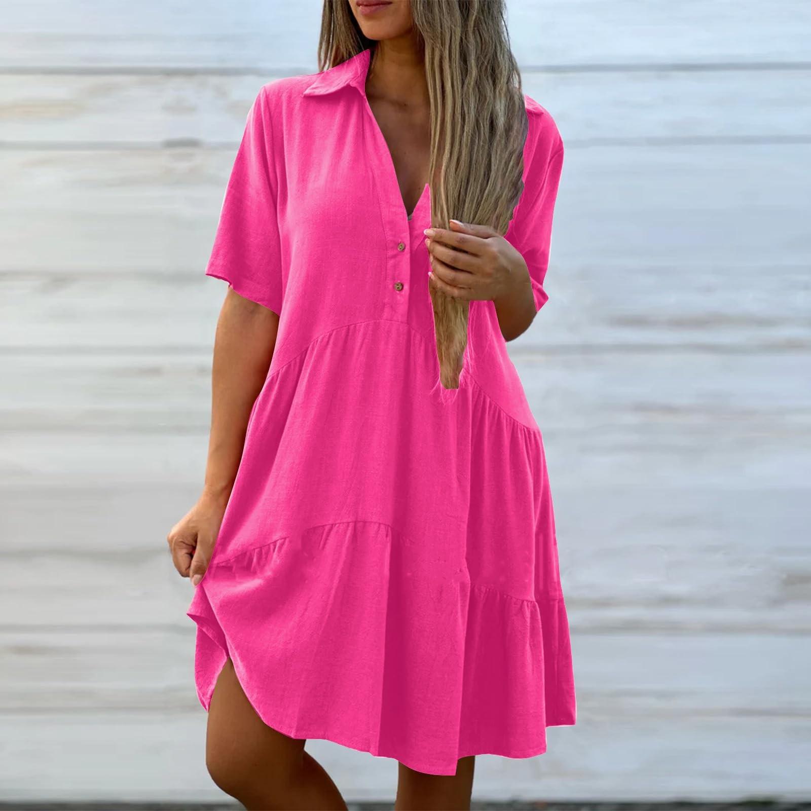 

Летнее свободное сплошное цветное повседневное хлопковое льняное платье с короткими рукавами XXXXL