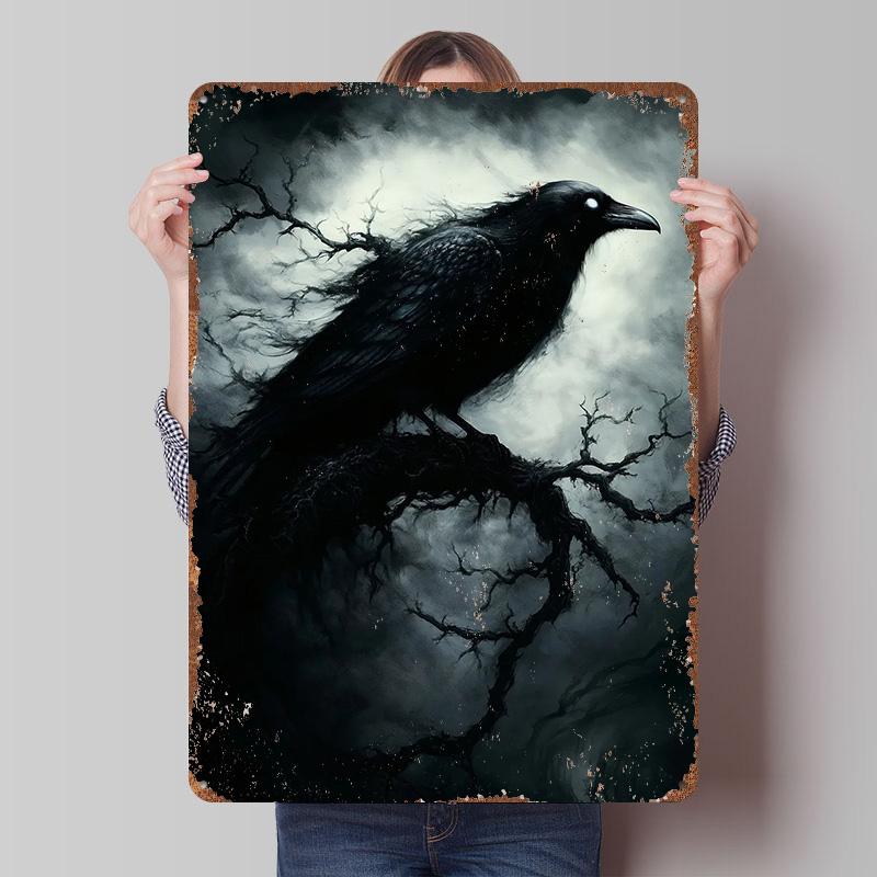 Dark Raven on Branch Printed Poster Customized Wall Art Retro Vintage Metal Tin Signs for Decoration At Home Decor Items Room