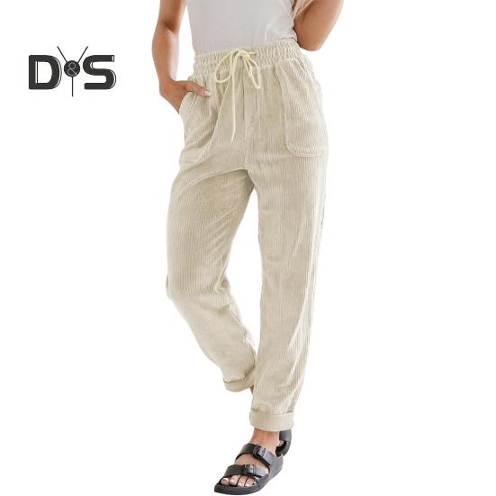 Women Corduroy Pants High Waist Baggy Drawstring Elastic Waist Casual Trousers Loose Fit Straight Leg Pockets Work Pants