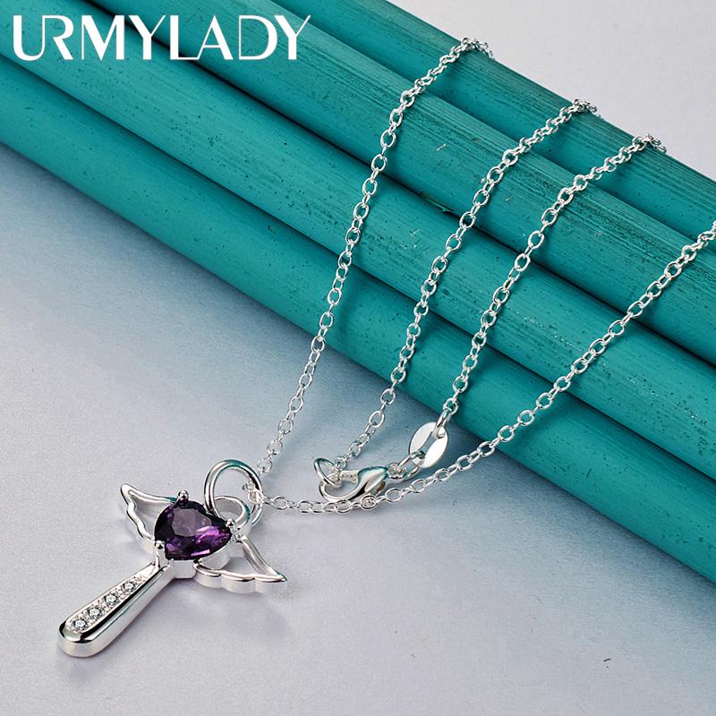 URMYLADY 925 Sterling Silber Lila AAAAA Zirkon Engel Kreuz Anhänger Halskette Für Frauen Hochzeit Charme Schmuck