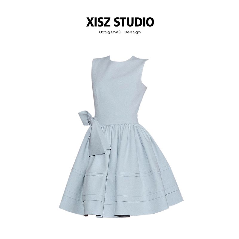 

French style High-Grade Bow Decorative round Neck Dress Women Summer Elegant Sweet Sleeveless A Word Formal Dress Short dress Blue [High Quality] XL