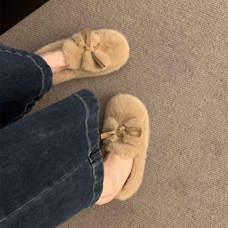 Fashion Women Furry Flats Shoes Fashion Butterfly-knot Slip on Shoes Warm Cartoon House Shoes for Winter