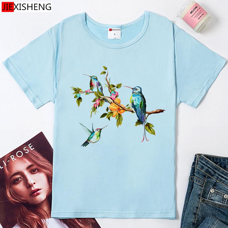Birds And Flowers Print Women T-Shirts Summer Casual Short Sleeve O Neck Tops Tees 5 Colors Cute Women's Clothing