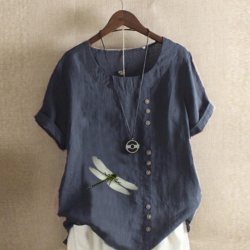 Women's Fashion Round Neck Short Sleeve T-shirt Casual Cotton Linen Graphic Shirt Leisure Loose Dragonfly Prined Summer Blouse Tops