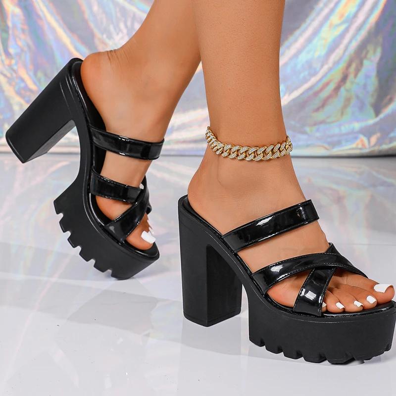 Fashion Street Cross Strap Pu Leather Slippers Women Fashion Slip On Thick Sole Sandals Woman Summer New Open Toe Wedding Slides Female