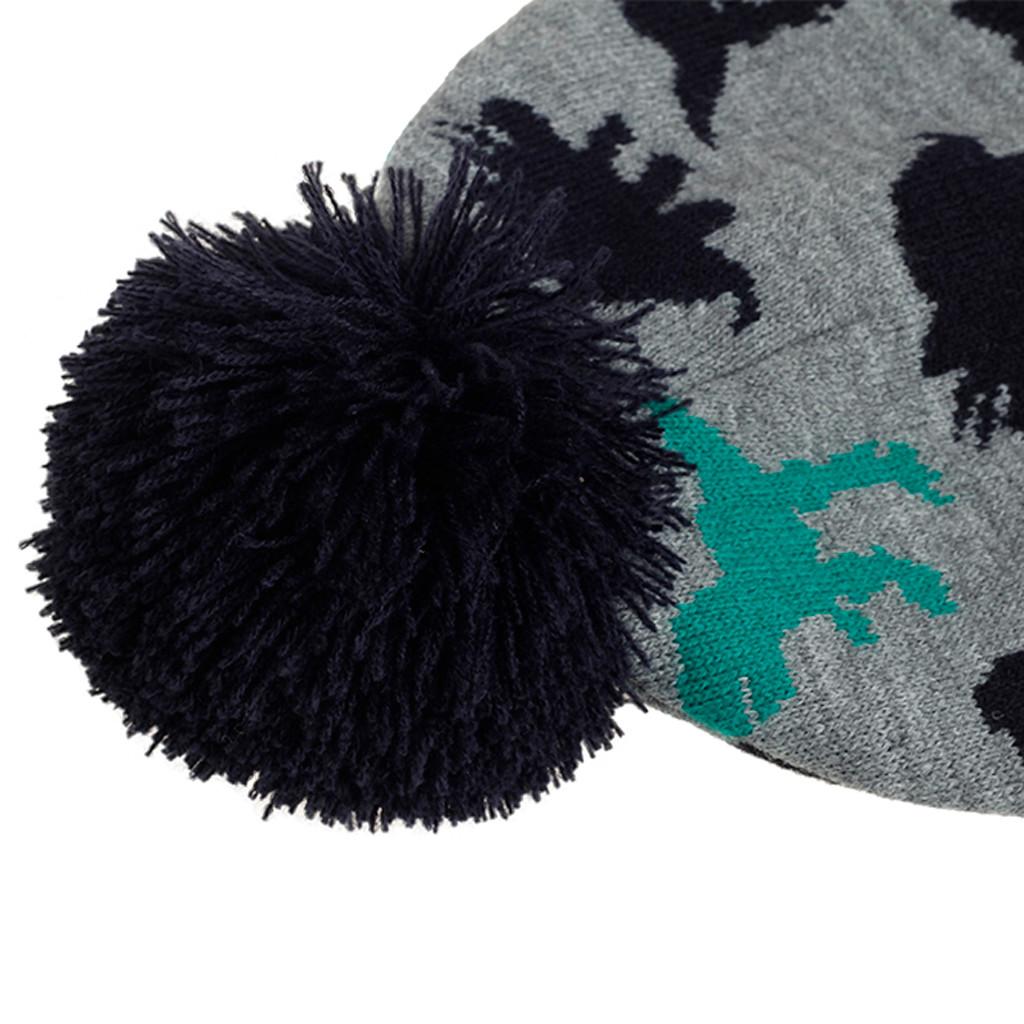Toddler Knit Beanie Hat with Dinosaur Jacquard Pattern Earflap Design Pom Pom Top Kids Winter Warm Soft Stretchy Hat for Boys Girls