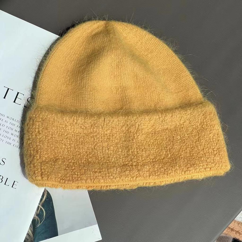 Circle yarn rabbit hair knitted wool hat female autumn and winter show a small face, keep warm and cold, ear protection, pullover hat, fluffy hat