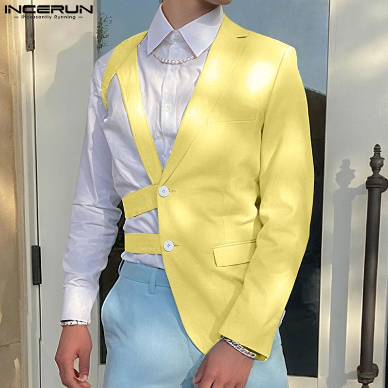 INCERUN Men One Shoulder Long Sleeve Button Cutout Bandage Blazer Irregular Coats