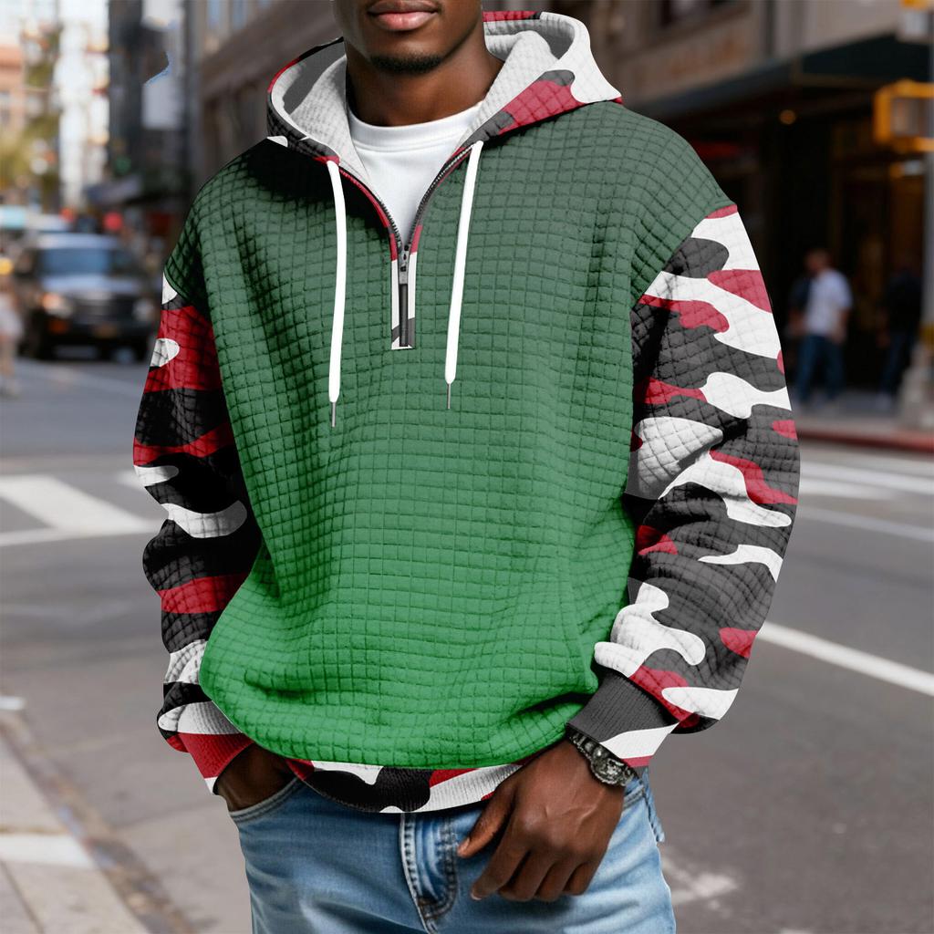 Pánská kostkovaná mikina přes hlavu s kapucí na poloviční zip se stahovací šňůrkou a potiskem, ležérní sportovní mikina
