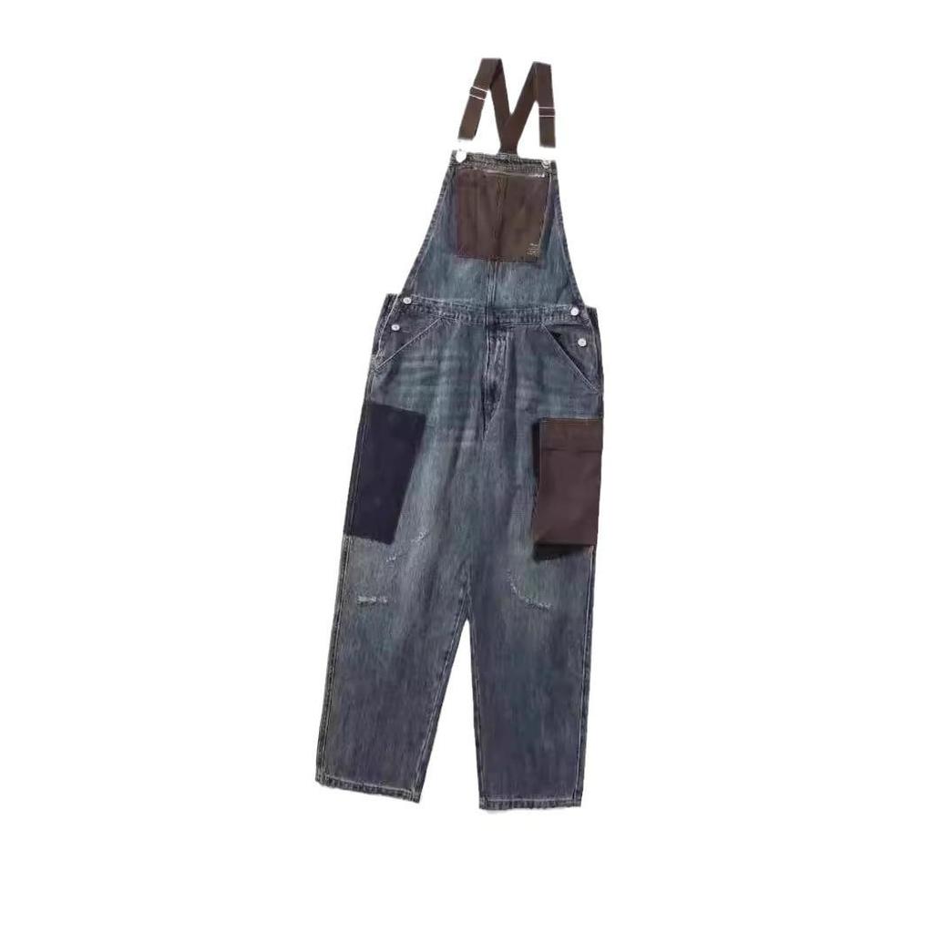 Unisex Japanese Retro Overall Jeans with Contrasting Suspenders