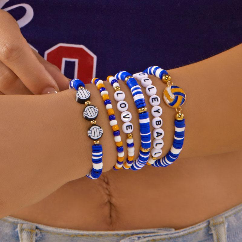 Football Theme Letter Ball Charms Hand Chains Girls Sports  Stackable Bracelet Colorful Polymer Clay Beaded Bracelets