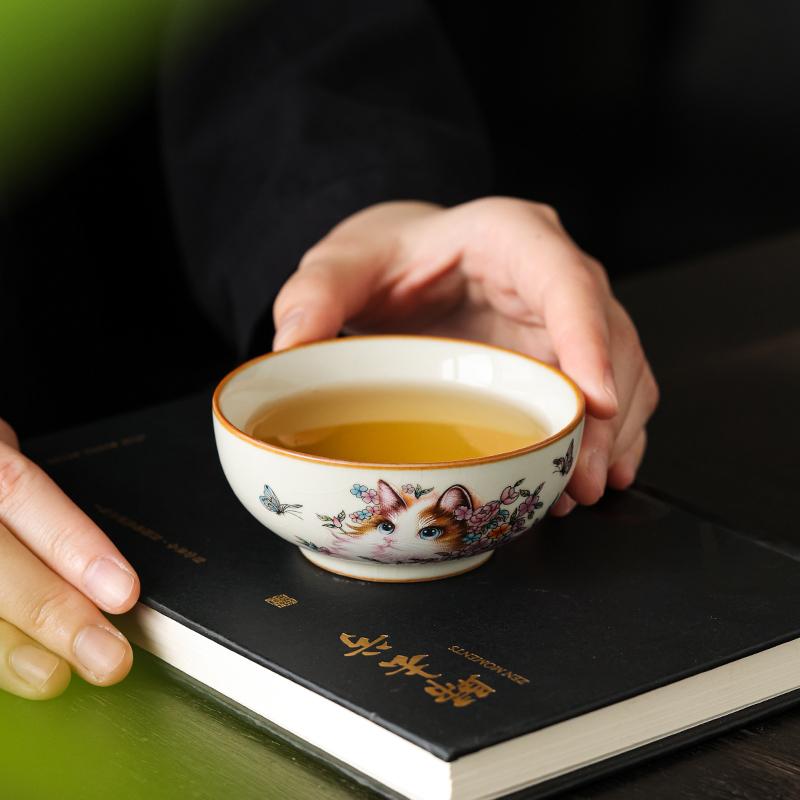 100ml Ru Kiln Persian Cat Pu Erh Cup Teacup Master Cup Ceramic Home Single Cup High End Kung Fu Tea Ceremony Tea Tasting Cup