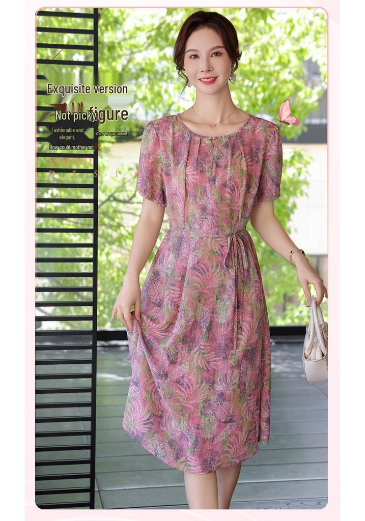 Mom's Modern Floral Short-Sleeve Dress for Middle-Aged and Elderly Women - 2026 Slimming Casual Style