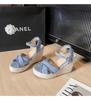 French Denim Wedge Sandals, Women'S Vacation Style, Straw Woven Thick-Soled 2025 Summer New Cross-Strap Roman Shoes