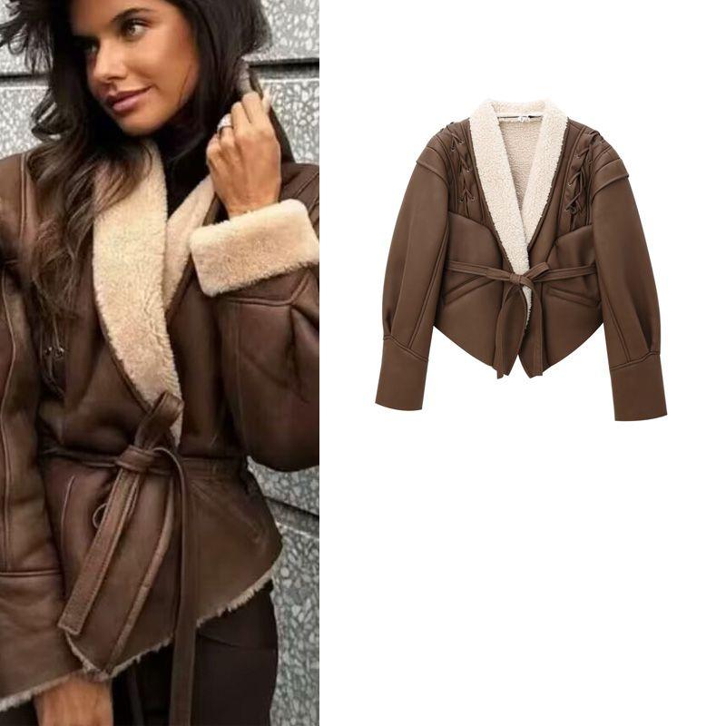 Winter New Women clothes European and American Blogger Retro Ins Style Suede Lamb Wool Jacket Lace-up Short coat