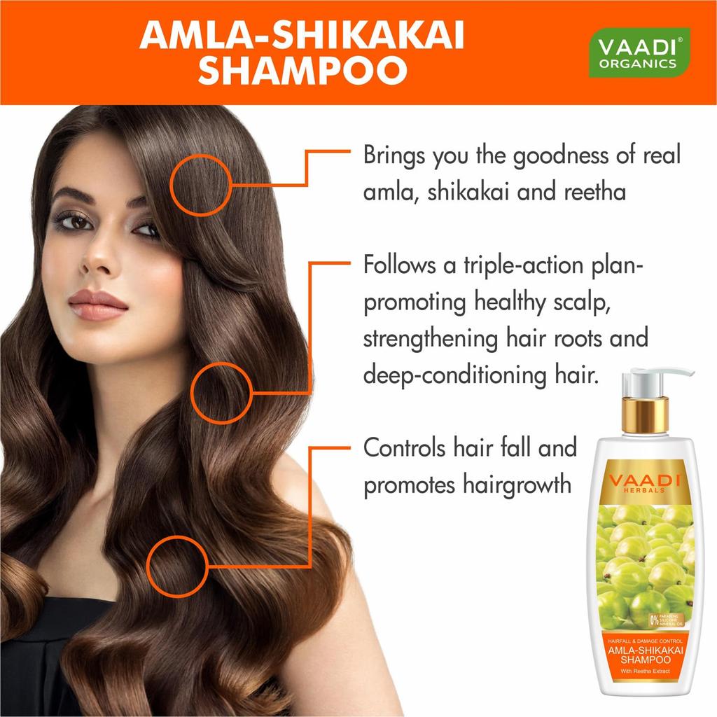 Vaadi Herbals Amla Shikakai Hairfall And Damage Control Shampoo 350 ml For Stronger Hair, Scalp Care And Smooth Manageable Hair