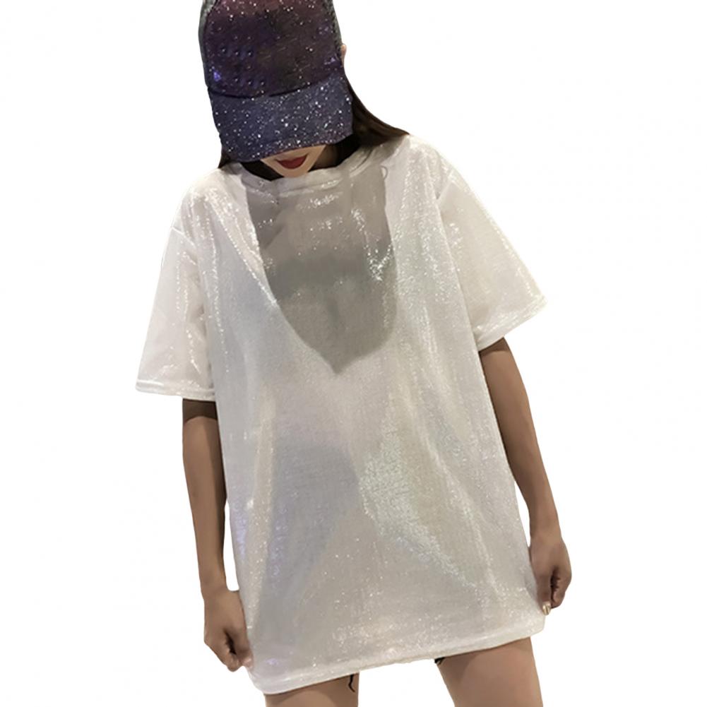 Summer Casual Tops Round Neck Short Sleeve Loose Fit Tee Shirt Glitter Mid-length Pullover Tops Streetwear