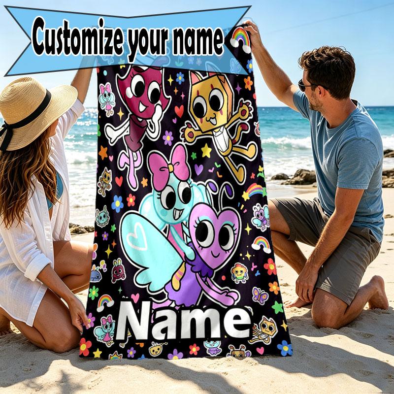 Custom Name Personalized Dandy's World Print Beach Towel, for Trip Camping Beach Party Home Decor, Birthday Gift for Family & Friends