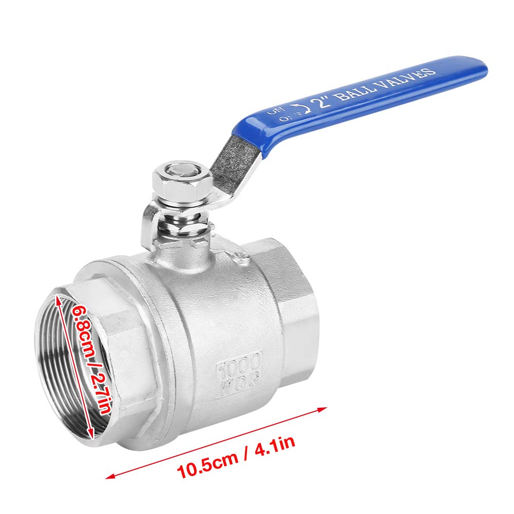 Akozon 2" DN50 Female Thread Ball Valve, Full Port, 304 Stainless Steel Two-Piece, 1000 WOG Heavy Duty, Blue Vinyl Insulated Handle