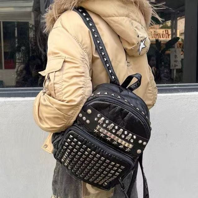 Schoolbag exclusive accessories original homemade dark tide brand punk Y1K subculture backpack niche spice girl soft leather rivet double