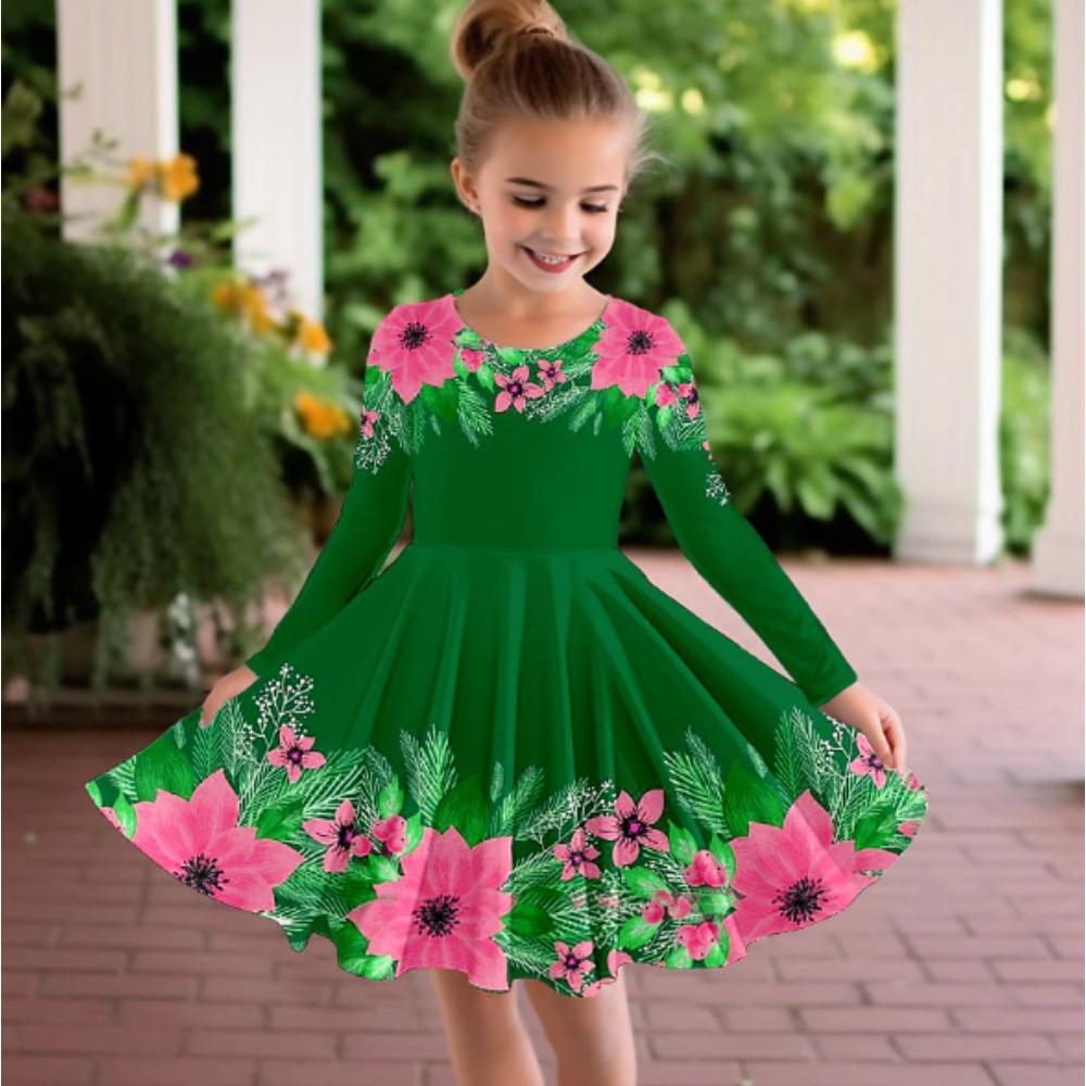 Girl Casual 3D Flower Pattern Print Round Neck Long Sleeve Dress Kid Princess Dress 80