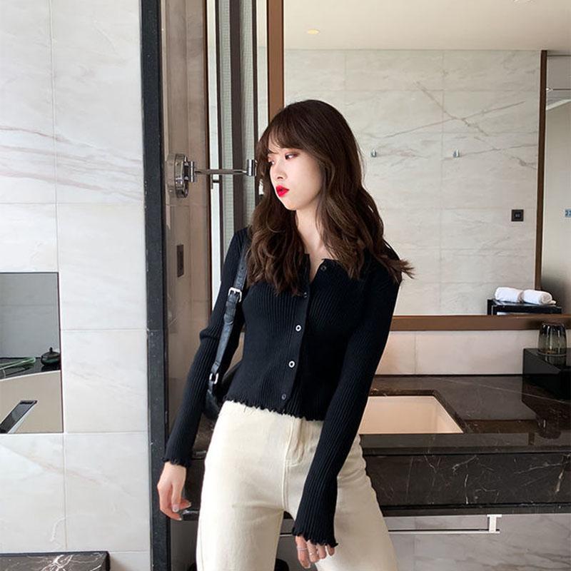 Women's Wooden Ear Knitted Cardigan Short Spring and Autumn Thin Fashion Slim Sweater Coat