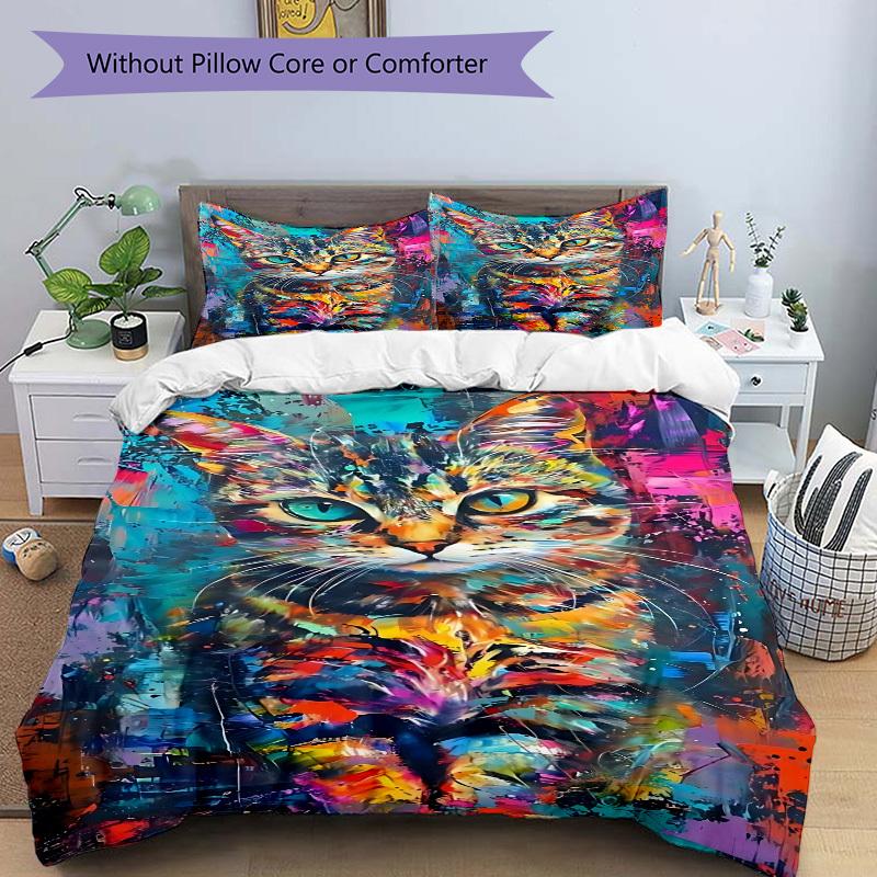 3pcs Colorful Cat Art Print Duvet Cover Set - Includes 1 Duvet Cover and 2 Pillowcases, No Quilt Core, All-Season Home Decor Yy251111058