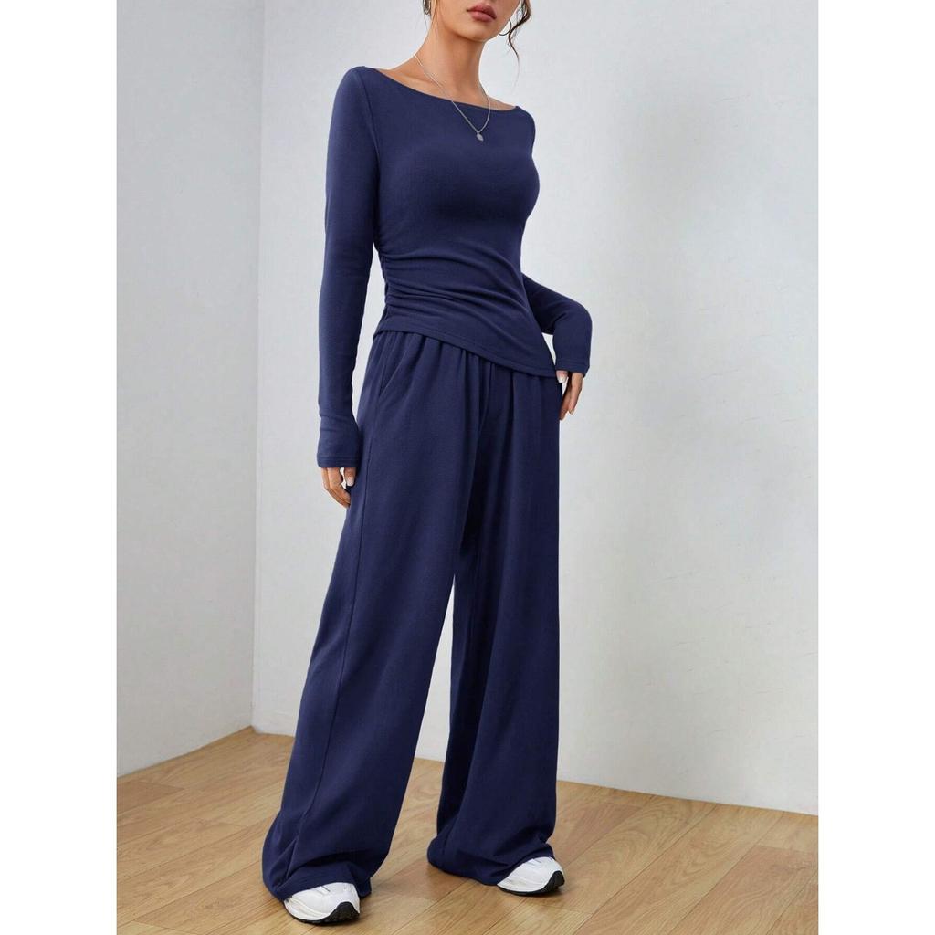 IHUASU Herbst- und Winterset Einfarbig Langarm Lässig Weitbeinige Hose Mode Zweiteiler Damenbekleidung