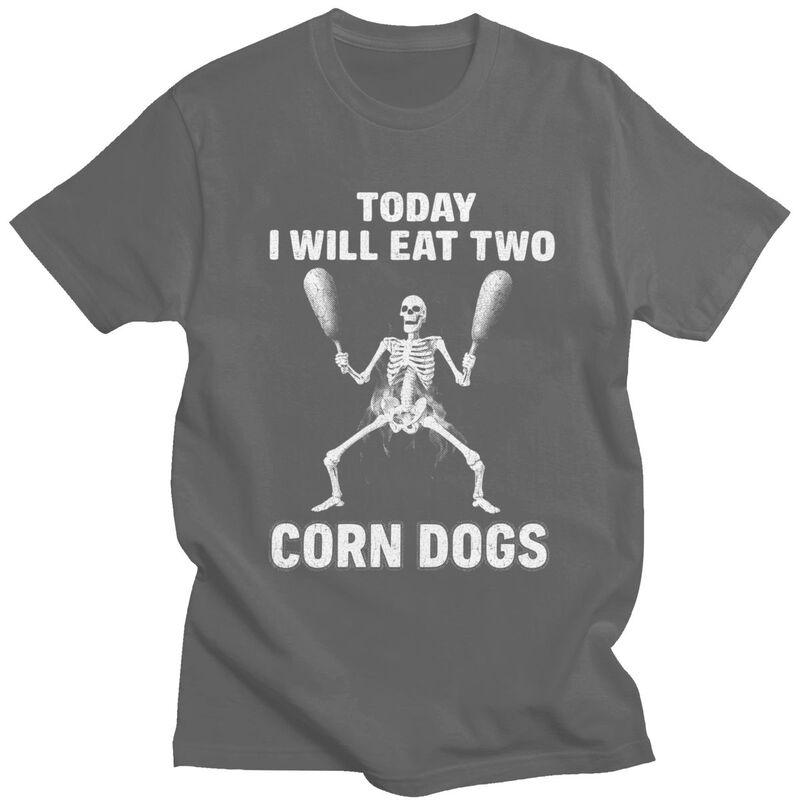 Skeleton Corn Dogs Funny Food Meme T Shirt for Men 100 Cotton Tshirts Sumer Style Short Sleeve Tee Shirt Slim Fit Clothing